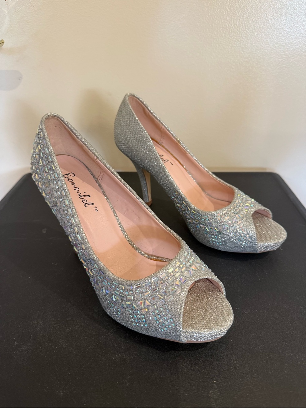 Bonnibel Silver Glitter Peep-Toe Heels with Crystal Accents
